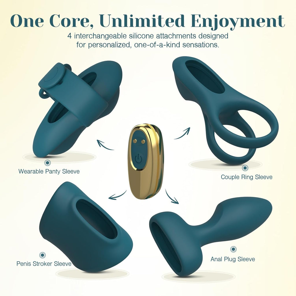 Vibrator Kit for Couples, Removable Vibrating Bullet with 4 Silicone Attachments (Cock Ring, Wearable Panty, Butt Plug, Penis Stroker) — Remote Control Adult Sex Toys for Women & Partner