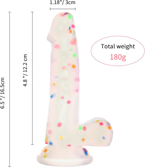 6.5 Inch fetti Clear  Dildo with Flared Suction Cup Base for Hands-Free Play, Flexible Dildo with Curved Shaft and Balls for Vaginal G-Spot and Anal Prostate